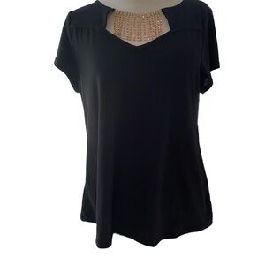 Diana Belle blouse shirt sleeve open neckline w/rhinestone embellishment Sz L